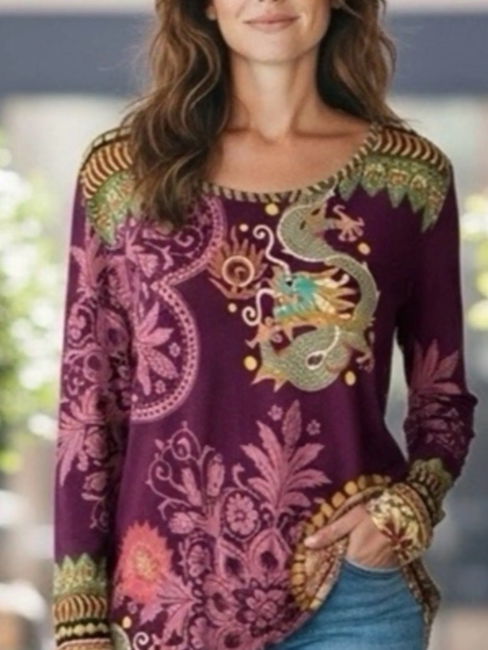 Johnny Was FloralLong Sleeve Tee in Pink, Magenta, Teal and Olive